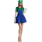 Adult Kids Super Mario Bros Luigi Cosplay Costume Outfit Fancy Dress Party Set (Women) Green Luigi L