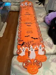 HALLOWEEN ORANGE & BLACK PUMPKINS & GHOSTS & BATS TABLE RUNNER 68" X 12" - NWT
