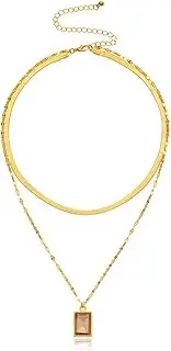 [Generic] Layered Flexible Flat Herringbone Chain Necklace with Crystal Charm Pendant Snake Bone Necklace for Women and Girls