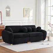 Deap Seat Curved Modular Sectional Sofa Teddy Fleece Upholstered Cloud Couch with 5 Decorative Throw Pillows,Modern Luxury 3-Seat Boucle Leisure Sofá with Solid Wood Legs for Living Room Office