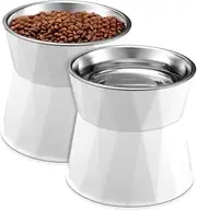 GUDAJIN 2 Pieces Elevated Cat Bowls, Adjustable Elevated Cat Feeder, Tall Cat Food and Water Bowl, Stainless Steel Bowl with Base, Pet Bowl Bottom Raised Bowl for Pets (White)