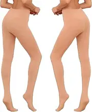 [HA WA] Fleece Lined Tights for Women, 2 Pairs Opaque Warm Tights with Control Top Pantyhose