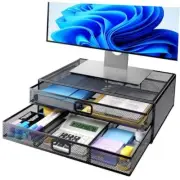 2 Tier Monitor Stand, Metal Monitor Riser with Drawer, Desk Organizer, Black