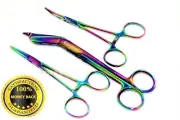 3 Multi Titanium Rainbow Color Lister Bandage Scissors 7.25" + Hemostat STR +CVD