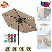 Elegant Tan Round Solar-Powered Umbrella with 24 Lights - 7.5FT for Outdoor Use