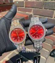 Iced Red Dial Luxury Bling Silver Finish Simulated Diamond Bracelet Unisex Watch
