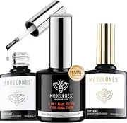 Modelones 9 in One Nail Glue with Gel Top and Base Coat Gel Nail Kit, No Wipe Base Coat Long Lasting Glossy Top Coat 3Pcs Gel Nail Glue for Nail Tips, Blooming Gel, Rhinestone Glue