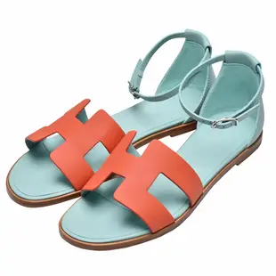 HERMES Santorini sandal系列經典H LOGO造型小牛皮露趾綁帶涼鞋(綠/橘色)