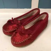 Minnetonka Girls Size 4 Red Sparkly Sparkle Glitter Moccasin Shoes wizard of OZ