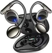 Open Ear Bone Conduction Headphones, Wireless Bluetooth 5.4 Earbuds Sport Over Earphones Built-in Mic with Ear Hooks 50H Playtime Buds LED Display Charging Case, Waterproof Design for Running(Black) 1