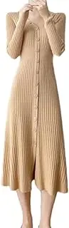 [Generic] Knitted Long Dress for Women Buttons Midi Dresses Female Streetwear V Neck Party Dress