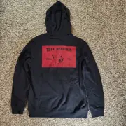 medium true religion mens pullover hoodie - solid srs jet black/black and red