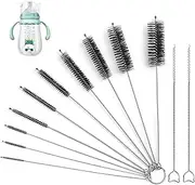 12 Pcs Straw Cleaner Brush, Small Pipe Cleaner Kit with 10 Stainless Steel Flexible Set and 2 Cat Head Mini Brush, Apply to Water Bottle Tube Sippy Cup Tumbler Drinking Straw Wine Decanter