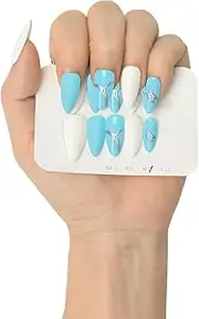 Handmade Press On Nails, Thick Acrylic and Muti-Layer Gel False Nails, Medium Almond Fake Nails Reusable Kits for Women Nail Art Blue White Shell Design (Mermaid Tears Collection, M)