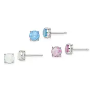 925 Sterling Silver Pink White Blue 7mm Round Lab Opal 3 Pair Set of Studs ...