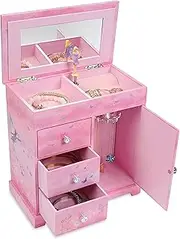 Jewelkeeper Fairy and Flowers Musical Jewelry Box with 3 Pullout Drawers and Necklace Carousel, Dance of The Sugar Plum Fairy Tune, Pink