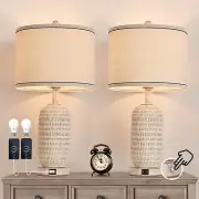 Set of 2 Table Lamps with USB-A+C Ports,25.5" Farmhouse Table Lamp with Touch Co
