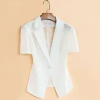 在飛比找ETMall東森購物網優惠-白色短袖西裝女外套修身薄款夏季短款韓版蕾絲網紗西服小披肩外搭