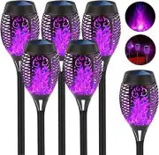 Solar Outdoor Lights 6 Pack, Purple Solar Torches Light with Flickering Flame