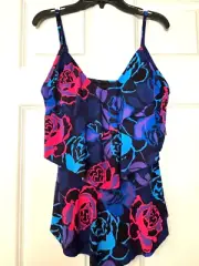 Aqua Green Bright Floral Print Tankini Built in Bra Swim Top Women's Medium 8-10