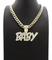 Hip Hop Iced Lil Baby Gold Plated Pendant & 9mm 18" Cuban Choker Chain Necklace