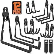 Steel Garage Storage Utility Double Hooks - Heavy Duty Wall Mount Multi-Tool Hangers - 5 Types Organizer Hooks Organizing for Power Tools,Ladders,Bike,Ropes,Fishing Rod,Bulk Items,Black(10 Pcs)