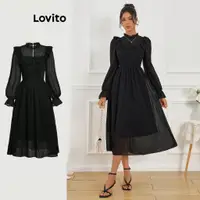 在飛比找蝦皮商城優惠-Lovito 女式復古素色網紗拼接褶邊透明連身裙 LBL10