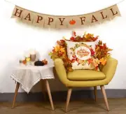 Whaline Happy Fall Pumpkin Burlap Banner Harvest Home Decor Bunting Flag Garland