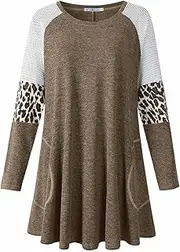 [JollieLovin] Plus Size Tunic Tops for Women Long Sleeve Crew Neck Swing Tunic Shirts with Pockets Loose Fit Color Block Blouse