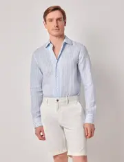 Hawes & Curtis Blue & White Stripe Pure Linen Slim Shirt | One Piece Collar | Full Cutaway Size: Small