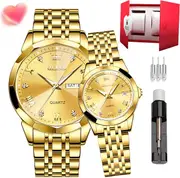 OLEVS Couple Pair Quartz Watches Luminous Calendar Date Window 3ATM Waterproof, Casual Stainless Steel His and Hers Wristwatch for Men Women Lovers Wedding Romantic