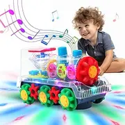 Transparent Gear Toy Train Light Up Music Electric Toy 360° Rotating Mechanical Gear Walking Toy for Kids Educational Cartoon Toy with Flashing Light Sound Music Toys