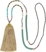 [KELITCH] Synthetic Turquoise Crystal Beaded Necklace Tassel Layering Pendant Necklace New Jewelry