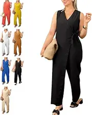 [Generic] Women's Casual V-neck Cross Strap Jumpsuit, Summer Sleeveless High Waist Wide Leg One Piece Outfits, Dressy Romper Outfits