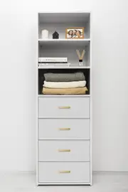 GENEVA 3 SHELF 4 DRAWER BUILT IN WARDROBE - WHITE - SLIM - OVAL BRASS