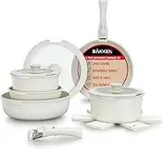 Bakken-Swiss Detachable 15-Piece Cookware Set – Granite Non-Stick – Eco-Friendly – Stackable Removable Handles – for All Stoves & Oven-Safe - Cream Marble Coating