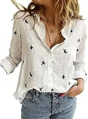 [Generic] Womens Roll Up Work Plain Solid Tops Classic Roll up Long Sleeve Blouses V Neck Button Down Linen Shirts