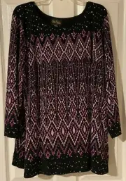 Bob Mackie Long Sleeve Sparkle Placement Print Knit Top Orchid Large Holiday L