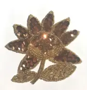 2 pcs Bronze Sunflower Floral Beaded Sequined Sew-On Applique Craft Patch VTG