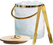 Glass Ice Bucket with Airtight Lid, Tong Scooper and Handle - 3L Ribbed...