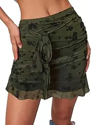 [SEBOWEL] Women Floral Mesh Mini Skirt Summer Ruffle Layered Sheer See Through Skirt Ruched Wrap Bodycon Sexy Short Skirts, Green, Small