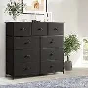 Luxsuite Chest of 9 Drawers Tower Dresser Tallboy Storage Cabinet Closet Organizer Unit Fabric Bin Wood Top Black Bedroom Living Room