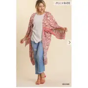 Umgee Boho Red/Cream Floral Wing Sleeve Kimono / Cover Up Plus Size 1XL/2XL