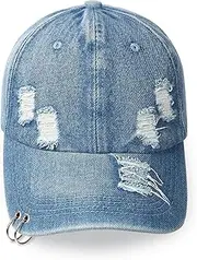 [Ajux] Vintage Distressed Jean Hat, Light Acid Washed Denim, Ripped Baseball Cap, Adjustable Clip for Universal Fit, Blue, One Size-Large