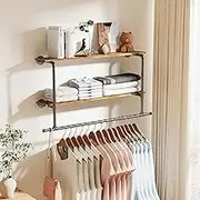 Clothes Rail Wall Mounted: Industrial Pipe Clothing Hanging Rail Pole with 2 Tier Shelves Coat Rack for Bathroom Living Room