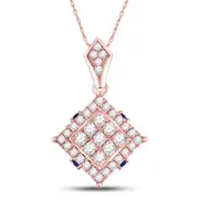 14k Rose Gold Round Diamond Blue Sapphire Square Pendant 5/8 Cttw
