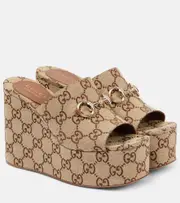 [Gucci] Gucci Horsebit GG Canvas wedge mules AU 7.5 beige