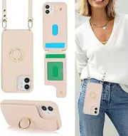 Lipvina for iPhone 12 Mini Case with Card Holder and Strap for Women,Crossbody Lanyard,Kickstand Ring Stand,Snap Clasp,RFID Blocking,Phone Wallet Cases 5.4 inch(Beige)