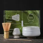 DECONESS Matcha Powder Kit, Jpanese Tea Set, Matcha Whisk Set with Bowl for Matcha Tea, Bamboo Matcha Whisk with Spoon, Matcha Bowl, Matcha Whisk Holder, White Matcha Tea Kit(4PCS)