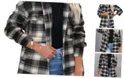 Women's Flannel Plaid Shacket Long Sleeve Button Down Shirts Small Black/Beige